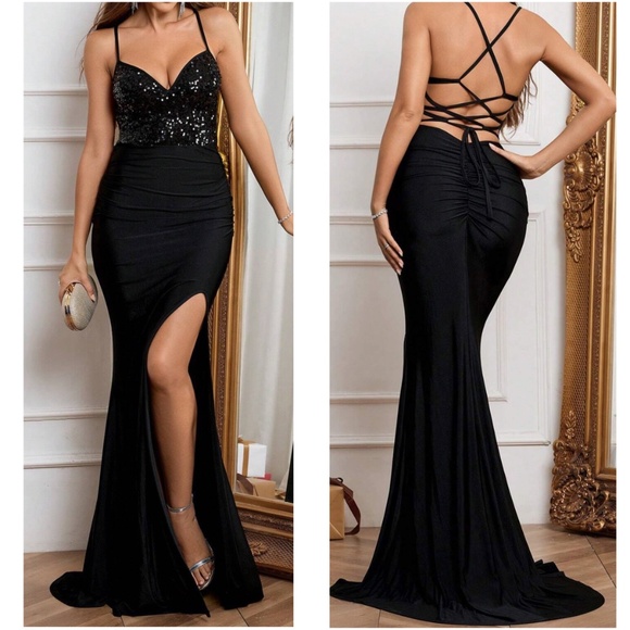 Luxe Sequin Satin Criss Cross Lace up Prom Formal Party Dress - Picture 8 of 9